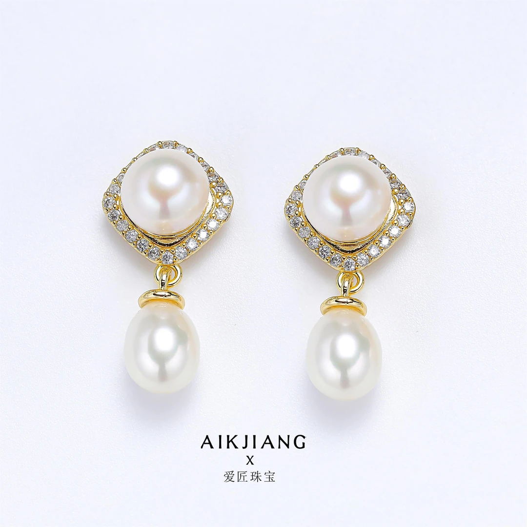AIKJIANG/爱匠【白总】淡水白珠清新双珠耳钉6-7mm小众 轻奢 -1百搭