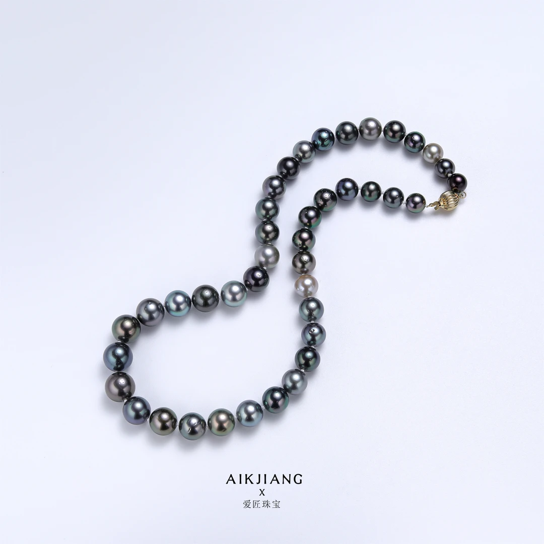 AIKJIANG/爱匠【白总】14K金海水炫彩8-11mm左右珍珠项链黑色经典