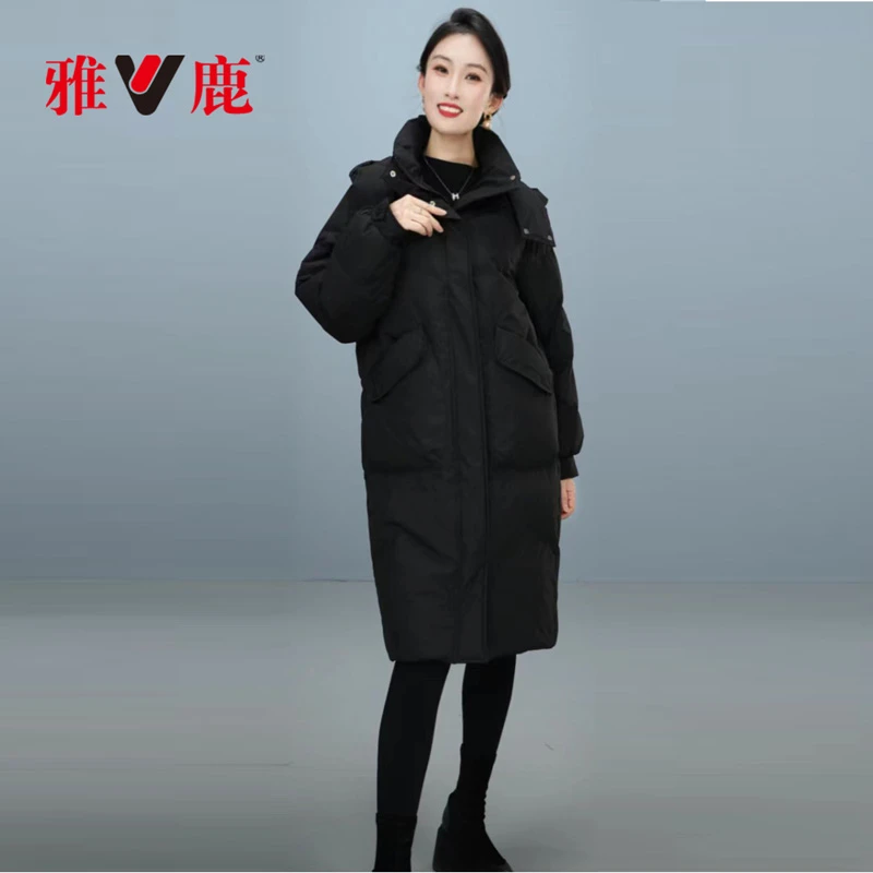 雅鹿羽绒服女中长款2025年新款秋冬季连帽加厚本命年红色羽绒服