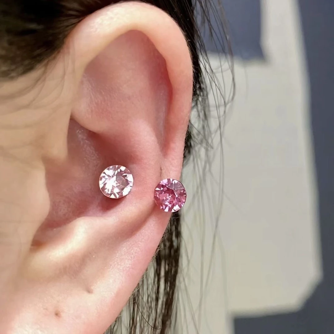 钛钢铅玻璃耳饰 粉色系钛钢马蹄环耳骨环免摘1.2粗耳蜗钉抗过敏