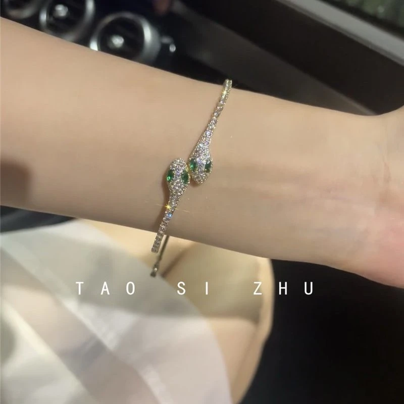 铜合金合成锆石手链 轻奢高级蛇形ins锆石手链超闪可调节精致手镯