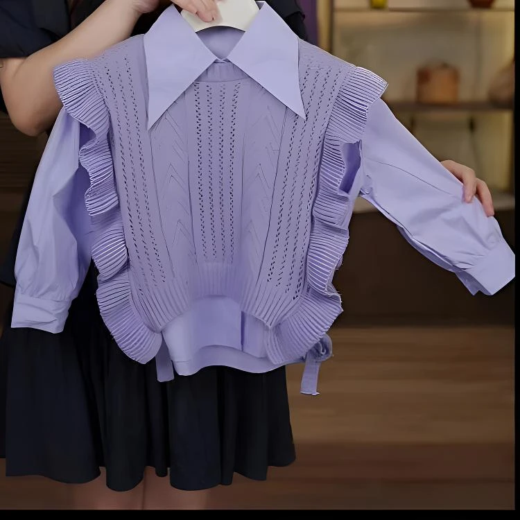 女童网红时髦加厚毛衣洋气衬衫秋装2024新款韩范儿童炸街针织马甲