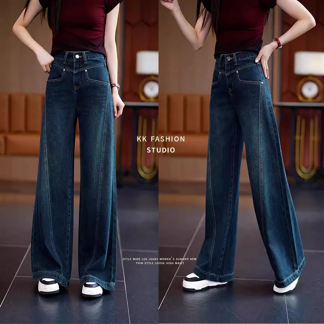 女士复古蓝直筒牛仔裤·高腰休闲百搭垂感·冬季加绒加厚款··Y8380