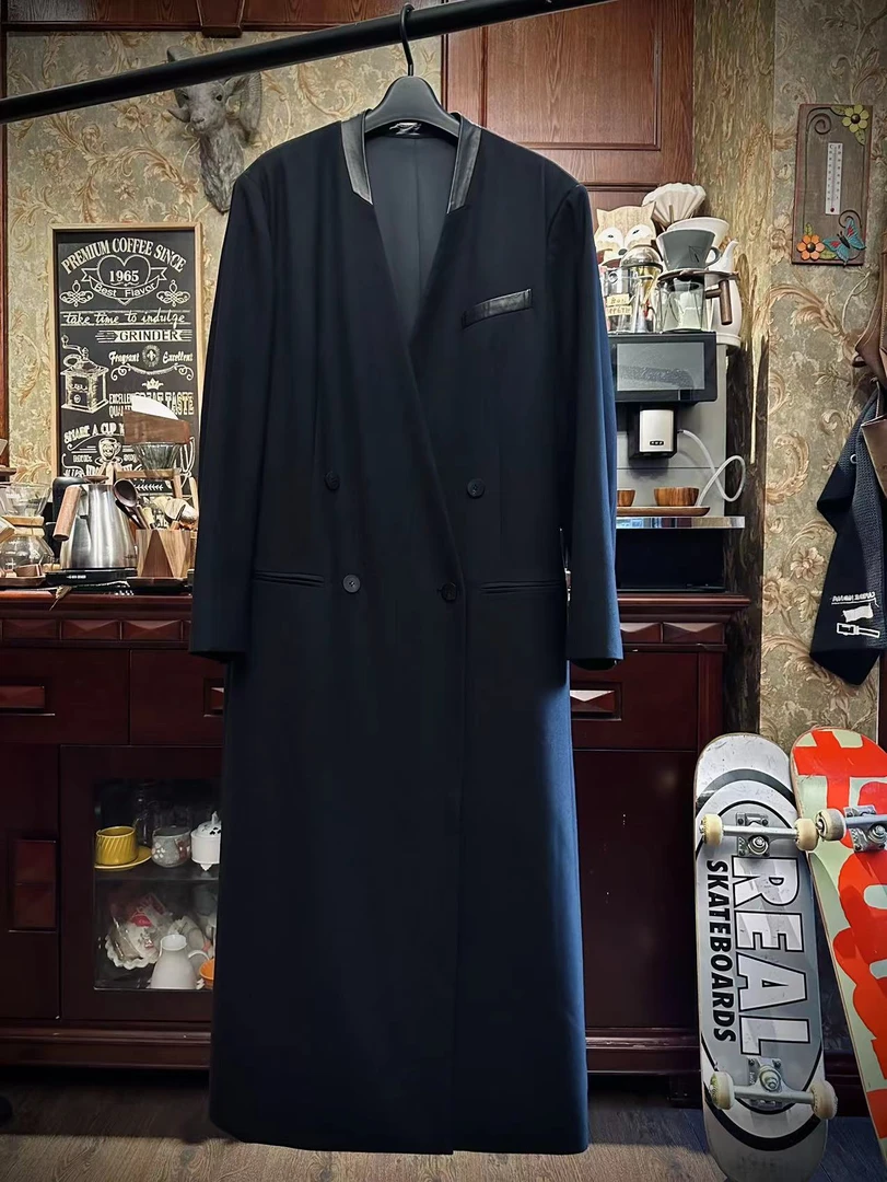 【Black Tiger】酷黑拼皮领欧版简约现代长款外套