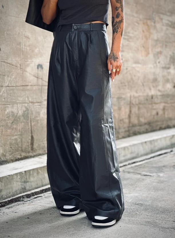 【Black Tiger】酷黑进口绵羊皮小众阔腿皮裤