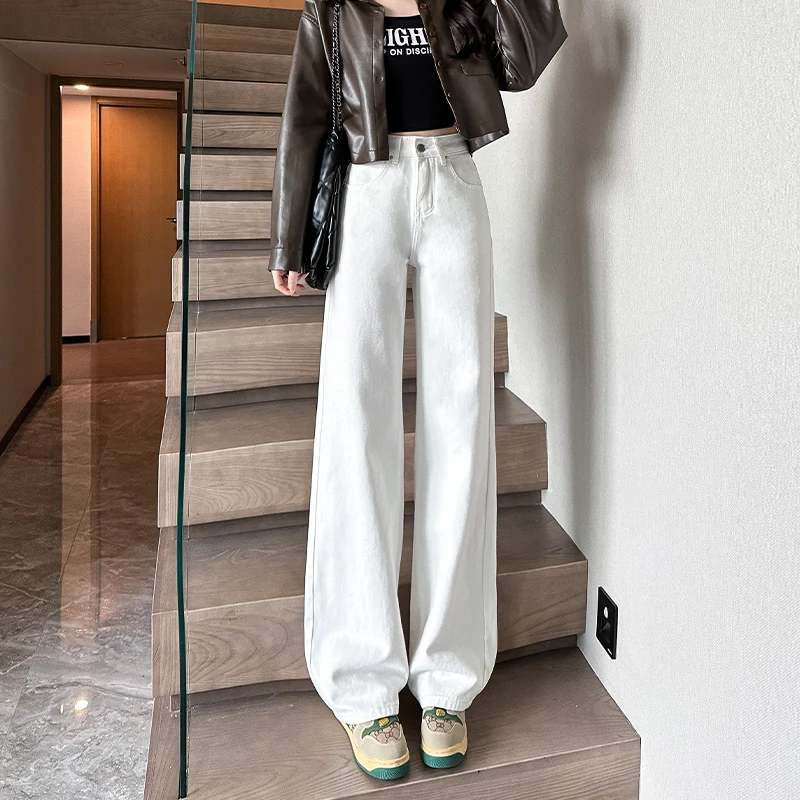 艾格白色阔腿高腰牛仔裤2025夏季新款爆款直筒阔腿拖地裤子女垂感