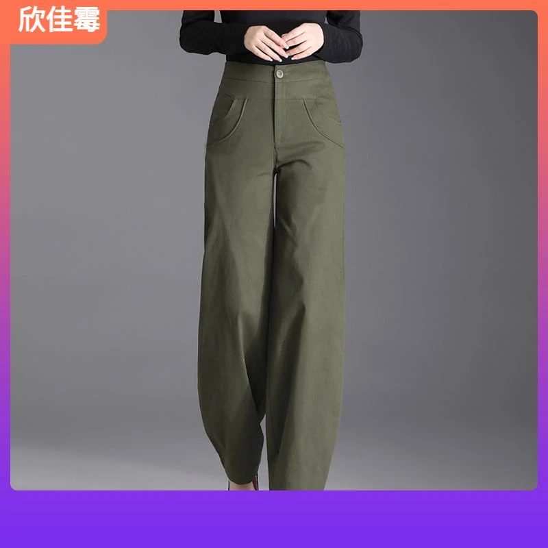 12024秋冬加绒新女裤高腰宽松显瘦大码灯笼裤休闲萝卜裤军绿色I