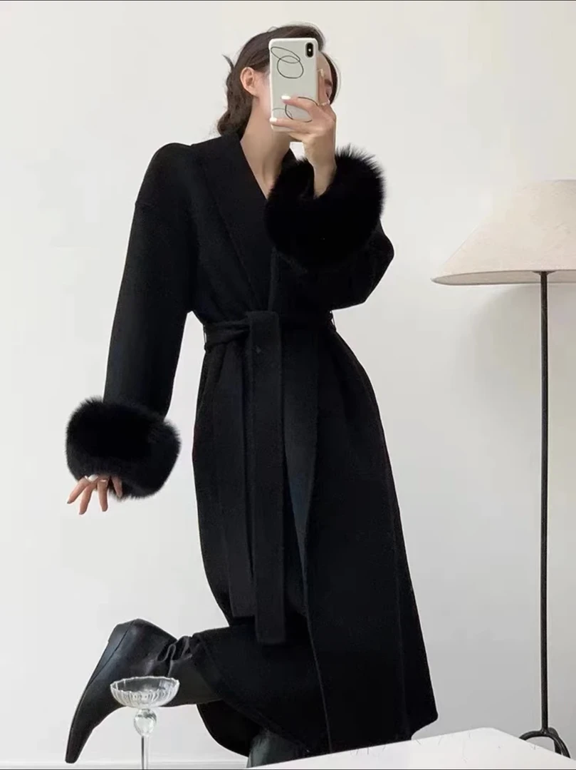 2025秋冬新款百分百初剪羊毛/狐狸毛宽松贵气中长款羊毛大衣
