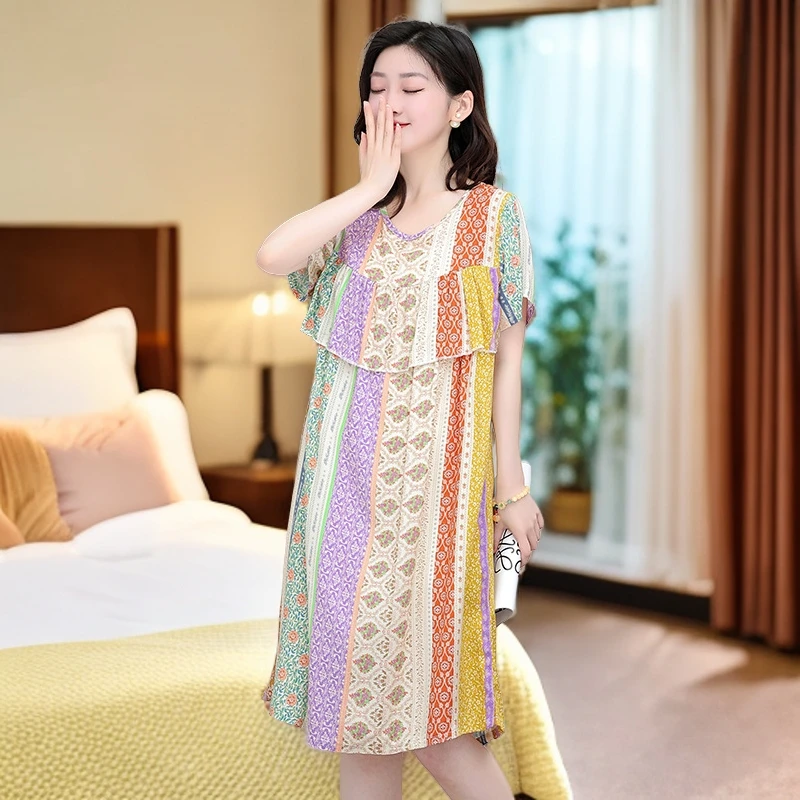 2024新睡裙女夏棉绸短袖睡衣防凸点夏季遮胸女款宽松凉快家居服
