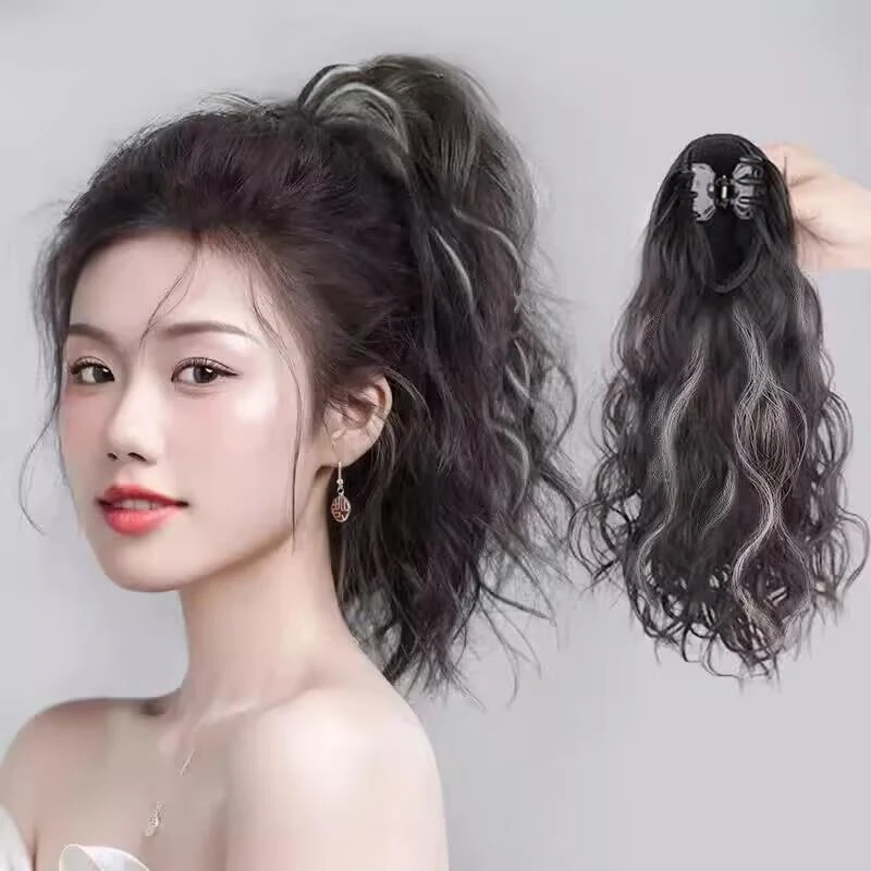 马尾假发女挑染卷发可扎抓夹高马尾仿全真人发云朵烫水波纹短马尾