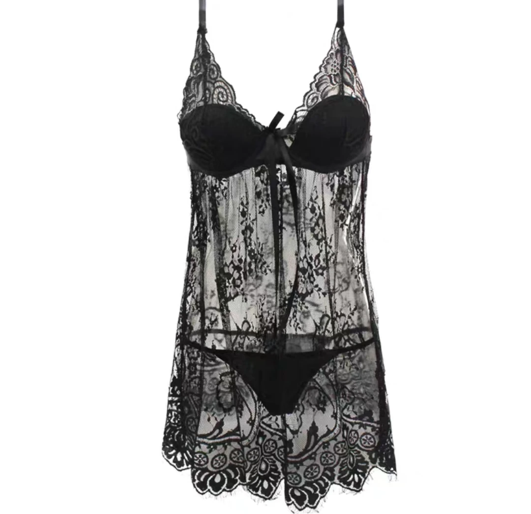 新款带胸垫性感蕾丝薄款网纱睡衣吊带透明纯欲风薄纱睡裙显瘦美背