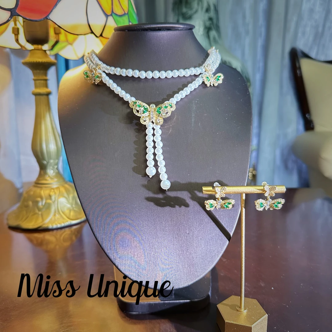 S6007紫绿双层珠珠蝴蝶项链套装