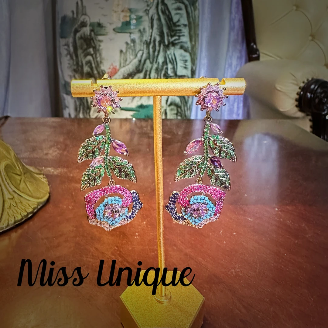 B1457黑底植物彩色玫瑰耳环