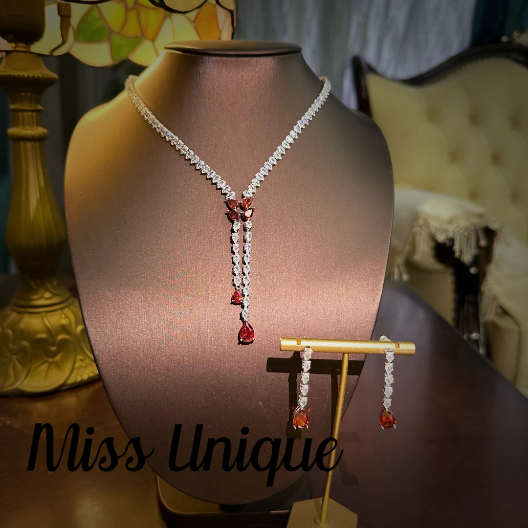 S6356日常红色双条小水滴项链套装