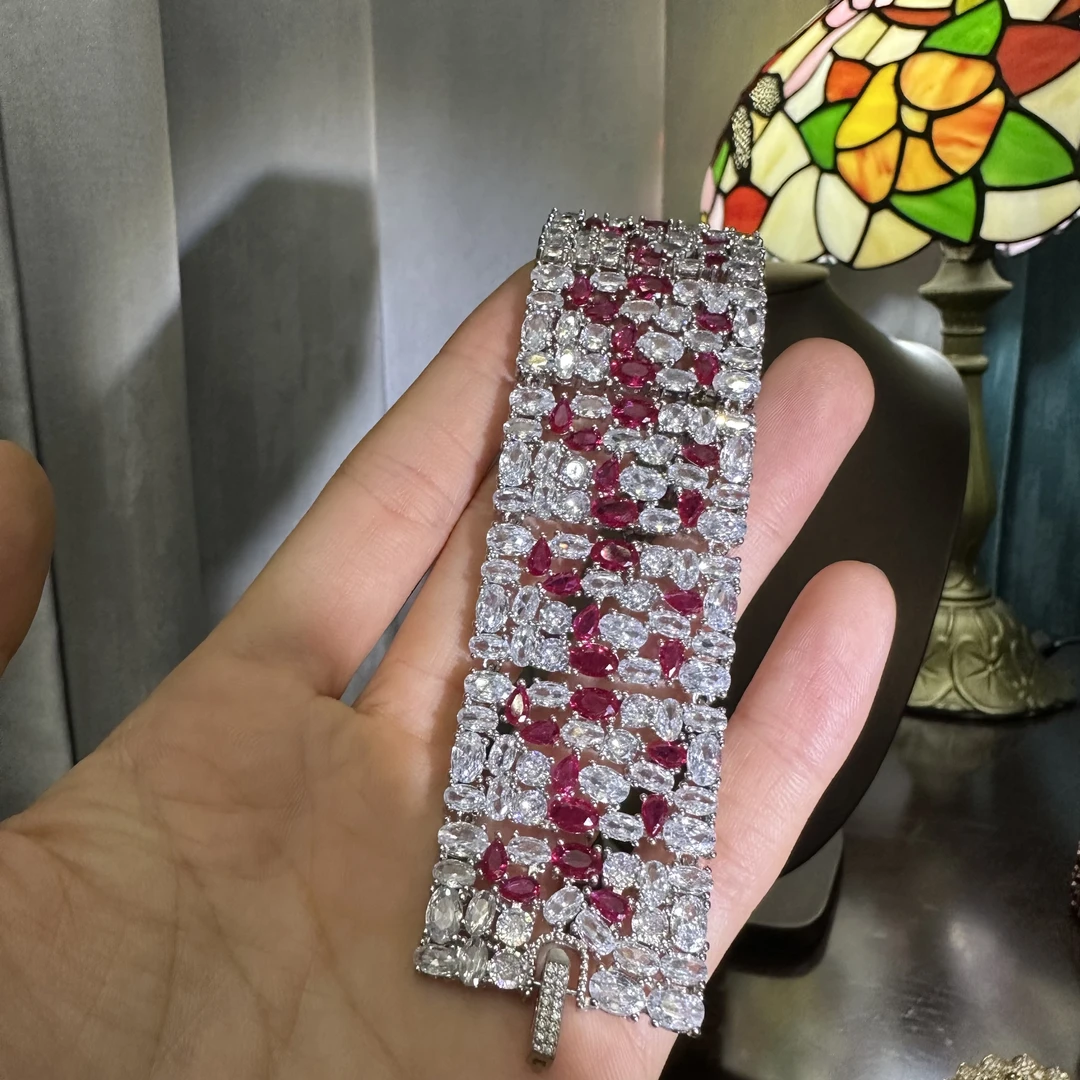 D718宽版玫红满钻手镯