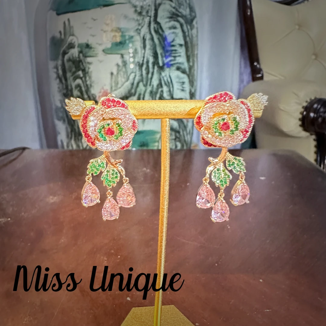 S6201植物粉色玫瑰耳环