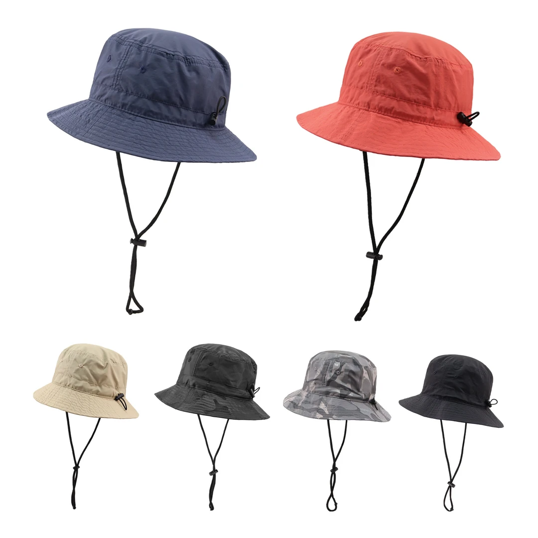 日系抽绳纯色圆顶渔夫帽男女百搭户外钓鱼帽速干遮阳防晒盆帽子潮