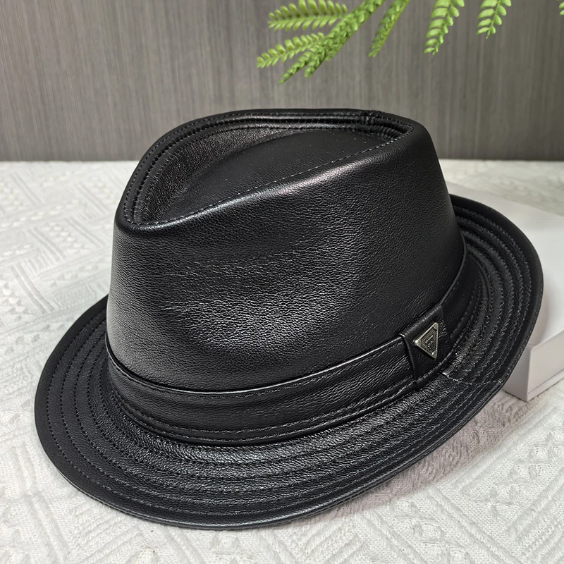 真皮男士牛皮爵士帽子秋冬季牛皮潮牛仔英伦中老年绅士上海滩礼帽