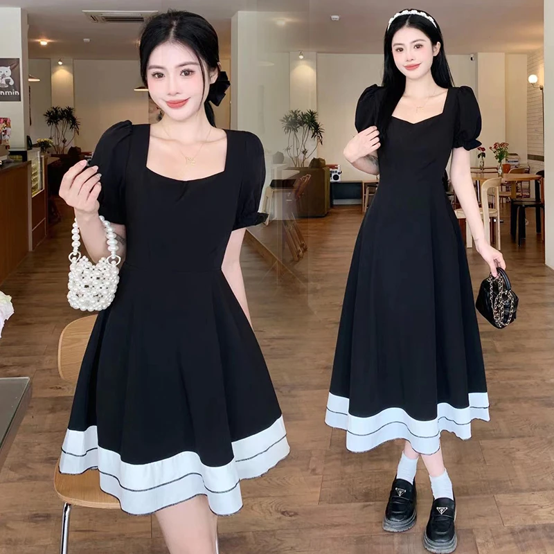 大码女装胖mm法式收腰显瘦撞色黑天鹅气夏日长短款