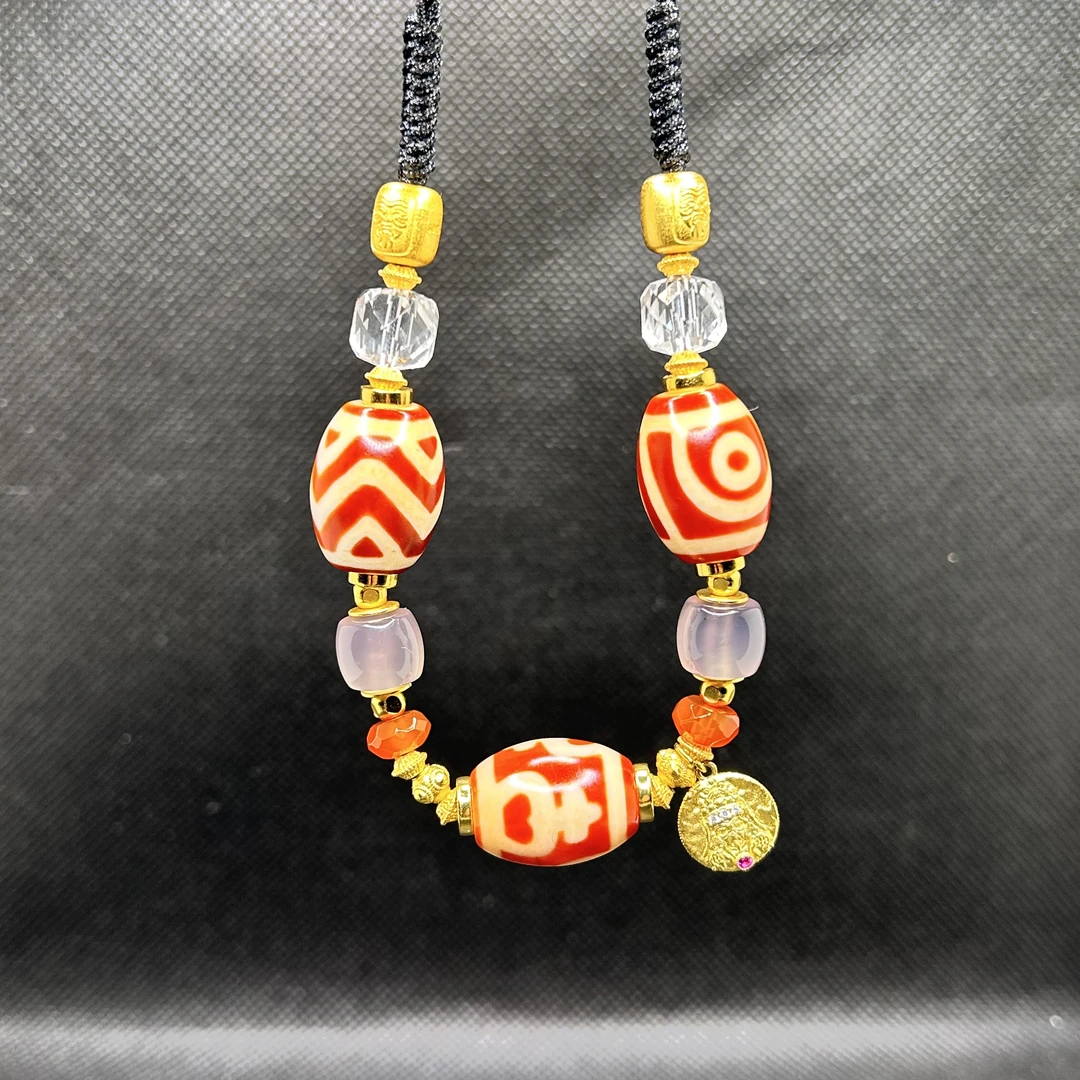 台珠手工珠卢系红肉多图腾条纹玛瑙C库锁骨链项链14×19mm左右