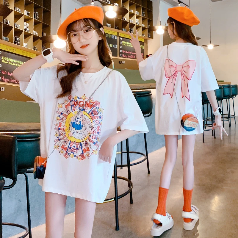 童装T恤韩版2023新款公主图案宽松打底衫中大童圆领短袖百搭上衣