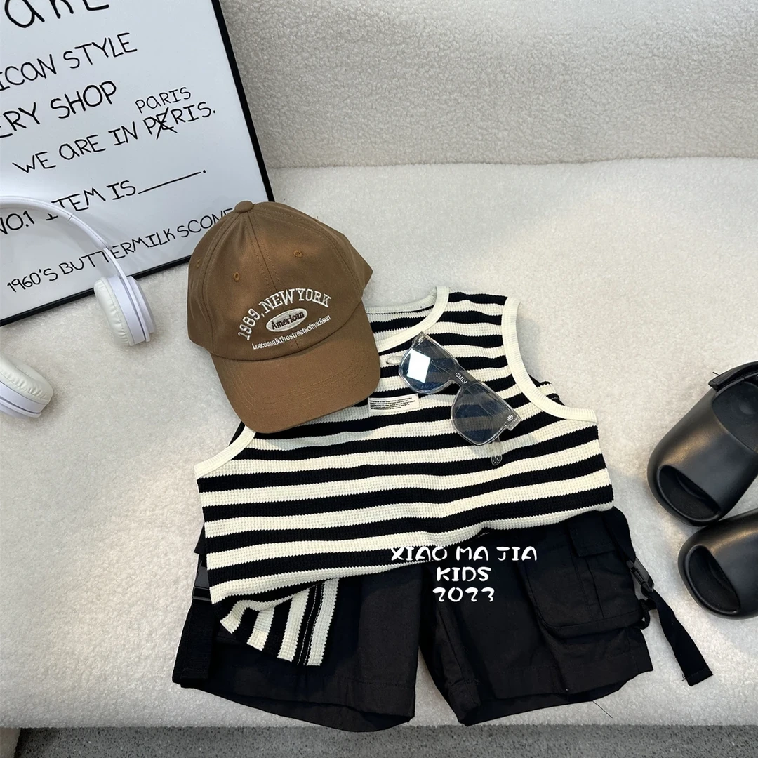 2023夏款儿童背心男童针织宝宝条纹黑白无袖时尚婴儿百搭外穿印花
