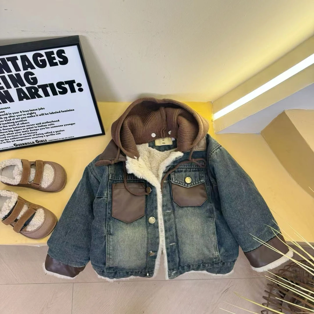 x2023秋冬新款韩版儿童加厚复古拼皮连帽牛仔派克服冬款小童韩