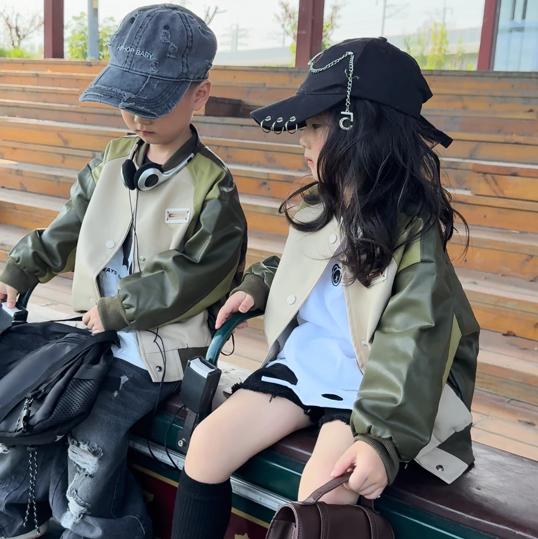 2024款春秋国风儿童时尚皮衣洋气潮流绿色秋小童春秋韩系风潮皮衣