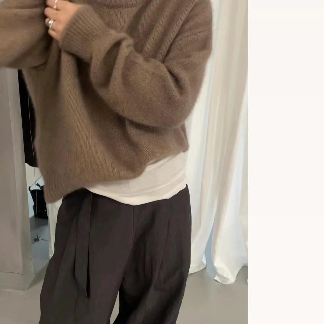 仅限48h退换，泡菜 驼褐色/灰蓝色 慵懒感套头梭织毛衣