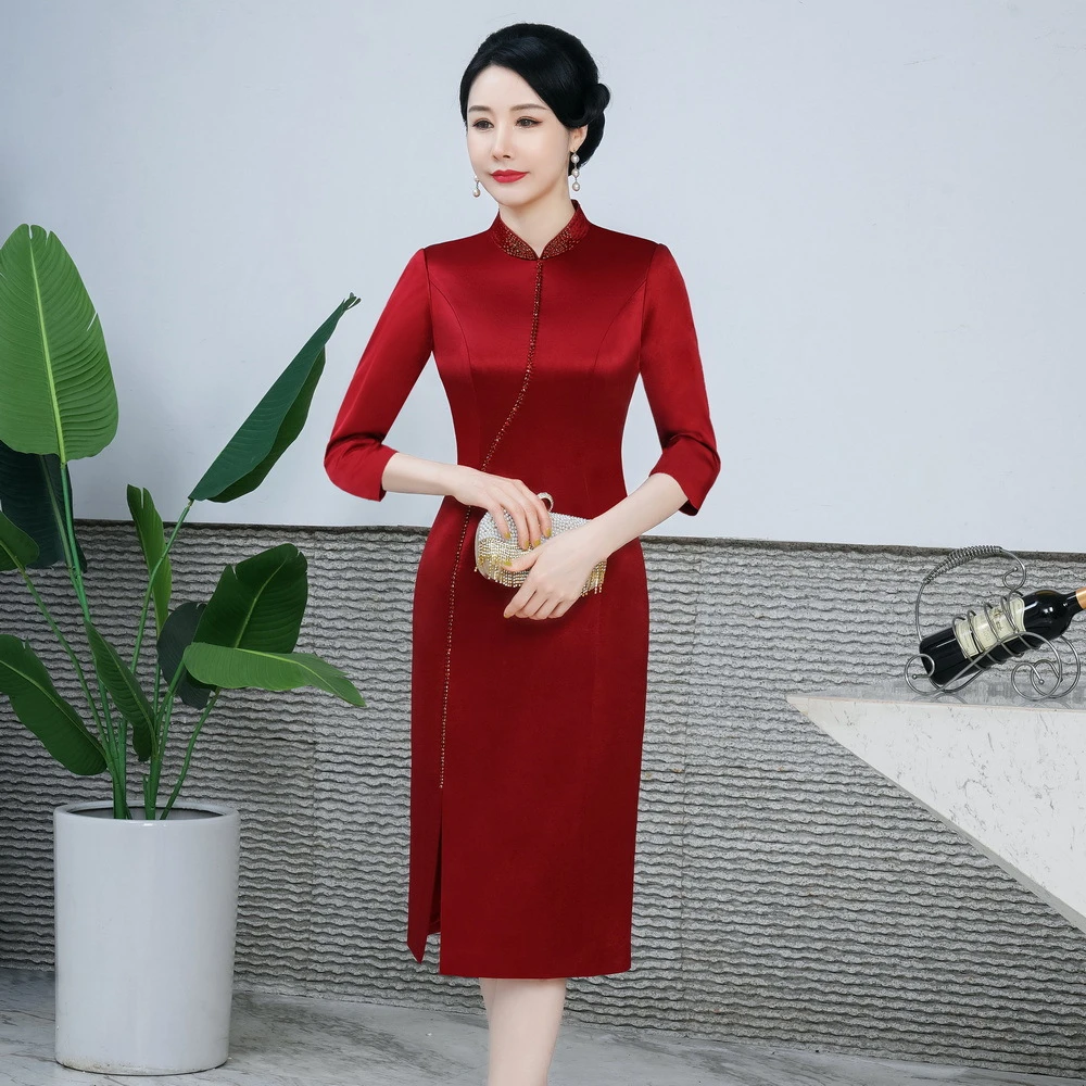 2025春装新款醋酸面料改良修身旗袍喜婆婆妈妈装高档婚礼服