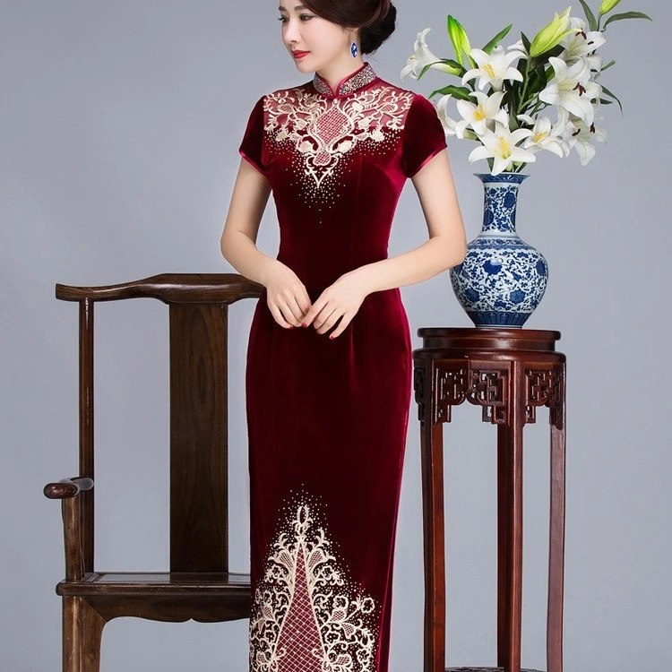 富贵人2024春装新款金线刺绣高富气质开叉旗袍礼服中年结婚妈妈装