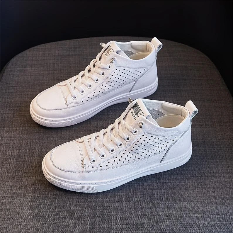 夏季新款真皮平底透气打孔镂空高帮圆头百搭休闲运动小白鞋女鞋