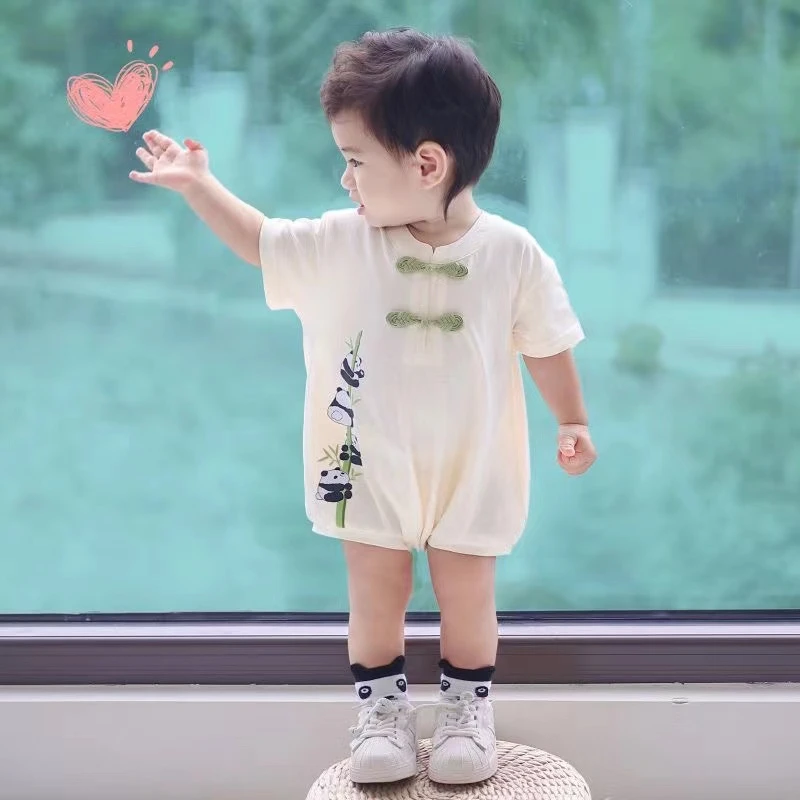 婴儿夏装汉服国风新生儿半袖连体衣宝宝纯棉哈衣薄款幼儿短袖爬服