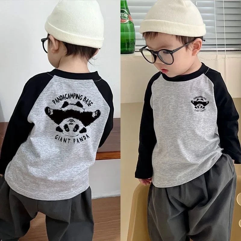 春秋纯棉儿童长袖T恤插肩拼色上衣童装新款卡通印花宝宝打底衫潮