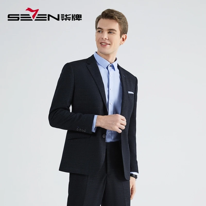 柒牌休闲套装男2024秋冬季新款商务蓝色上班两粒扣混纺西服两件套