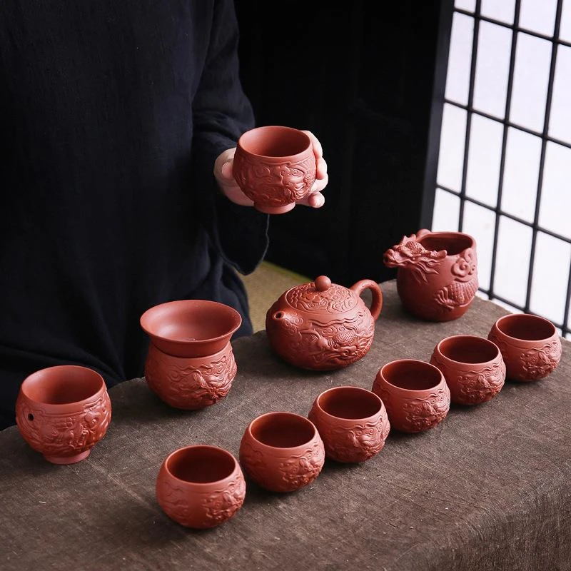 朱泥紫砂功夫茶具套装浮雕原矿茶杯泡茶壶高端复古家用客厅办公
