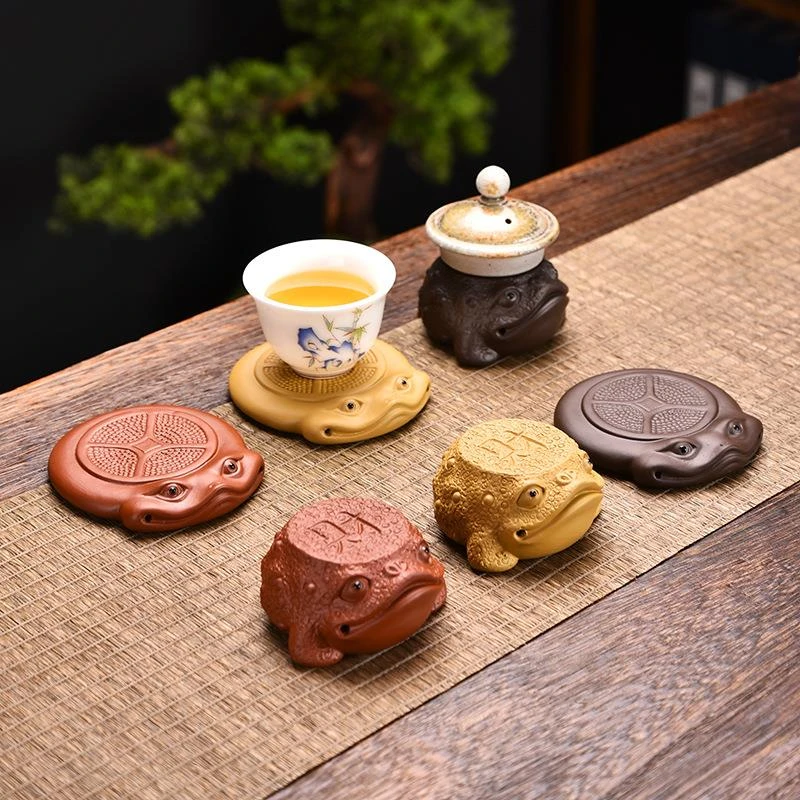 紫砂招财盖置茶宠摆件茶玩茶艺精品可养招财金蟾盖置盖托杯托杯垫