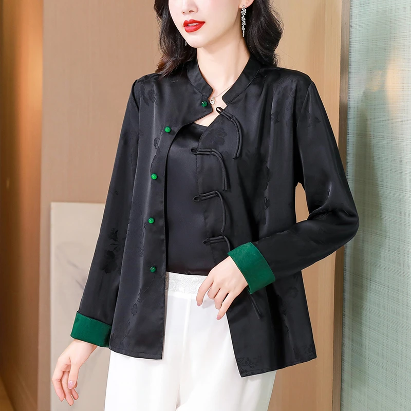 新中式仿真丝提花衬衫女长袖国风衬衣妈妈春季装新款斜襟盘扣上衣