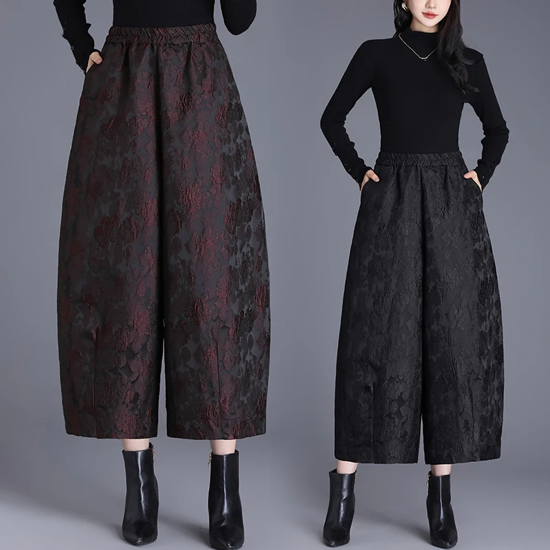 贵夫人浮雕提花阔腿裤靴裤女冬季加绒大码九分休闲裤优雅中国风