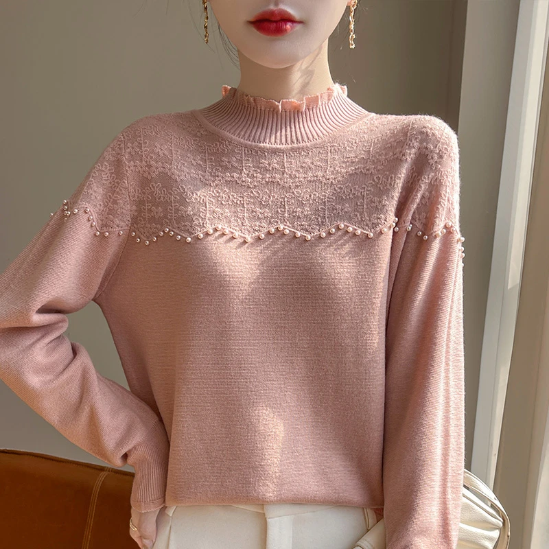 2024秋冬新款木耳花边半高领钉珠钩花针织衫女时髦超洋气外穿毛衣