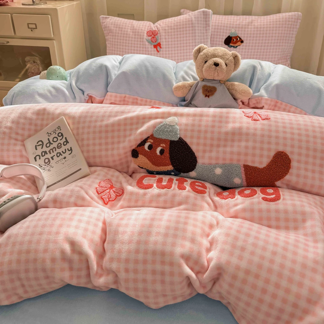 2025新款卡通牛奶绒毛巾绣系列四件套加厚加绒三件套秋冬卡通床品