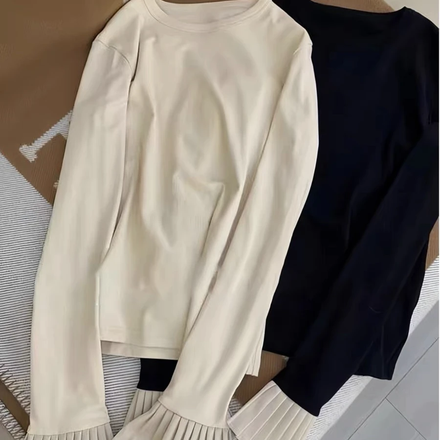 秋冬双面绒打底衫拼接花边袖口百褶长袖打底2538