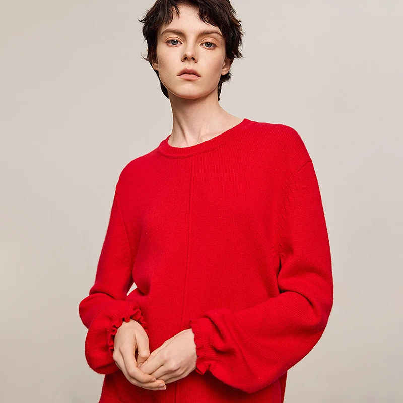 LILY冬新款绵羊毛混纺花苞袖收腰圆领通勤女装针织衫124449TKE32