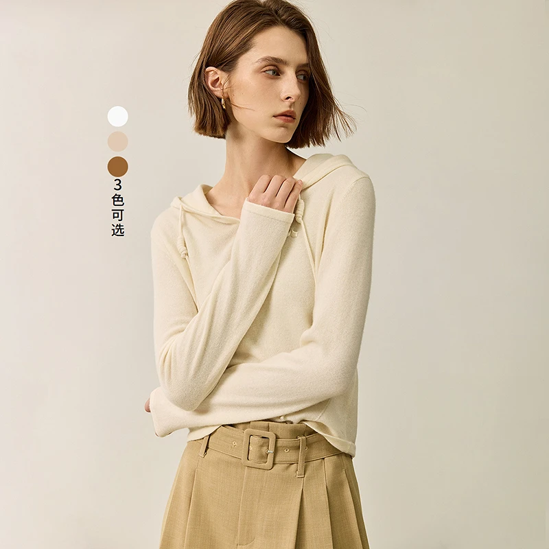 LILY冬季新款100%绵羊毛休闲连帽百搭女装针织衫124409TK948