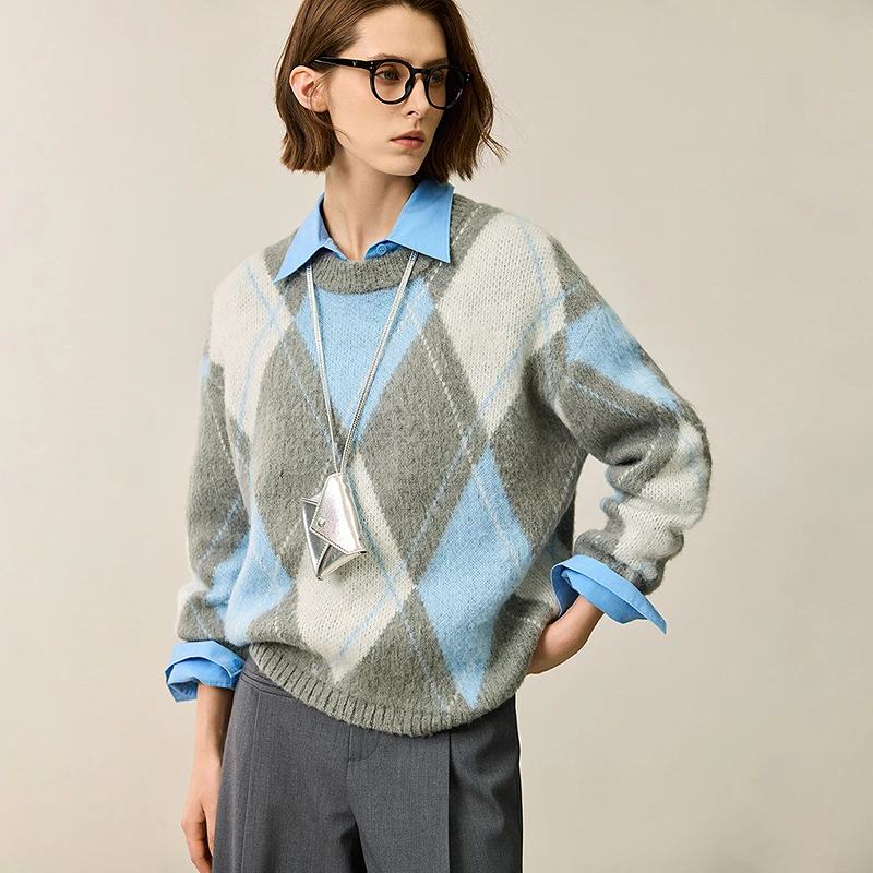 LILY冬季新款学院风几何菱格时尚撞色女装长袖针织衫124409TK987