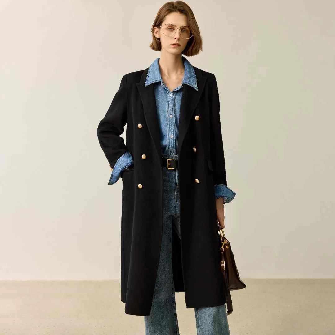 【100%绵羊毛】LILY冬季赫本风双排扣气质简约毛呢外套124409FN978