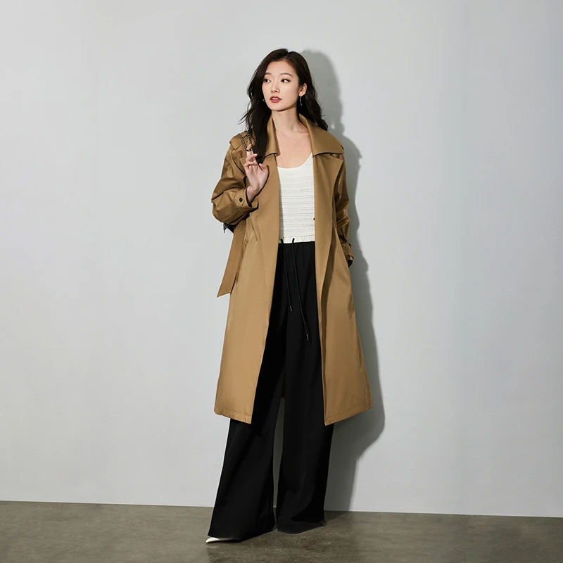LILY2024春复古翻领英伦风腰带修身长款女装风衣外套124129C1911