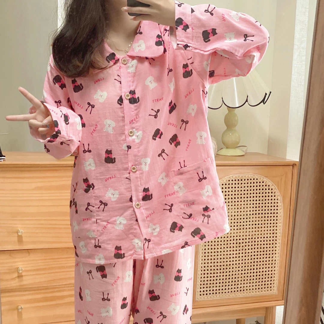 精梳双层纱【黑粉猫猫】全棉有氧睡衣可爱少女居家服女休闲舒适