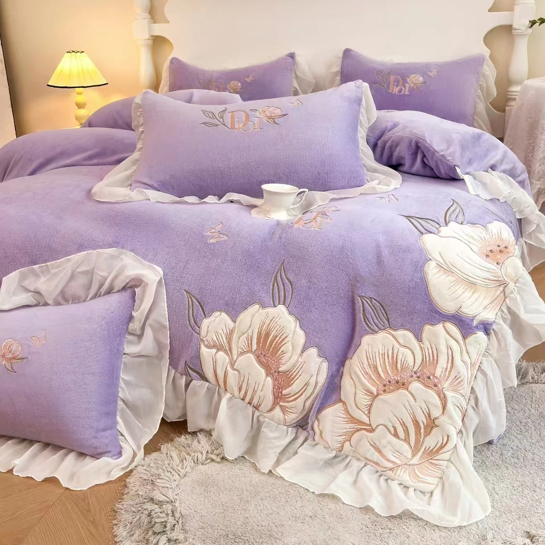 【香妃紫】加厚贴布绣花牛奶绒四件套加绒被套简约蕾丝被罩床单