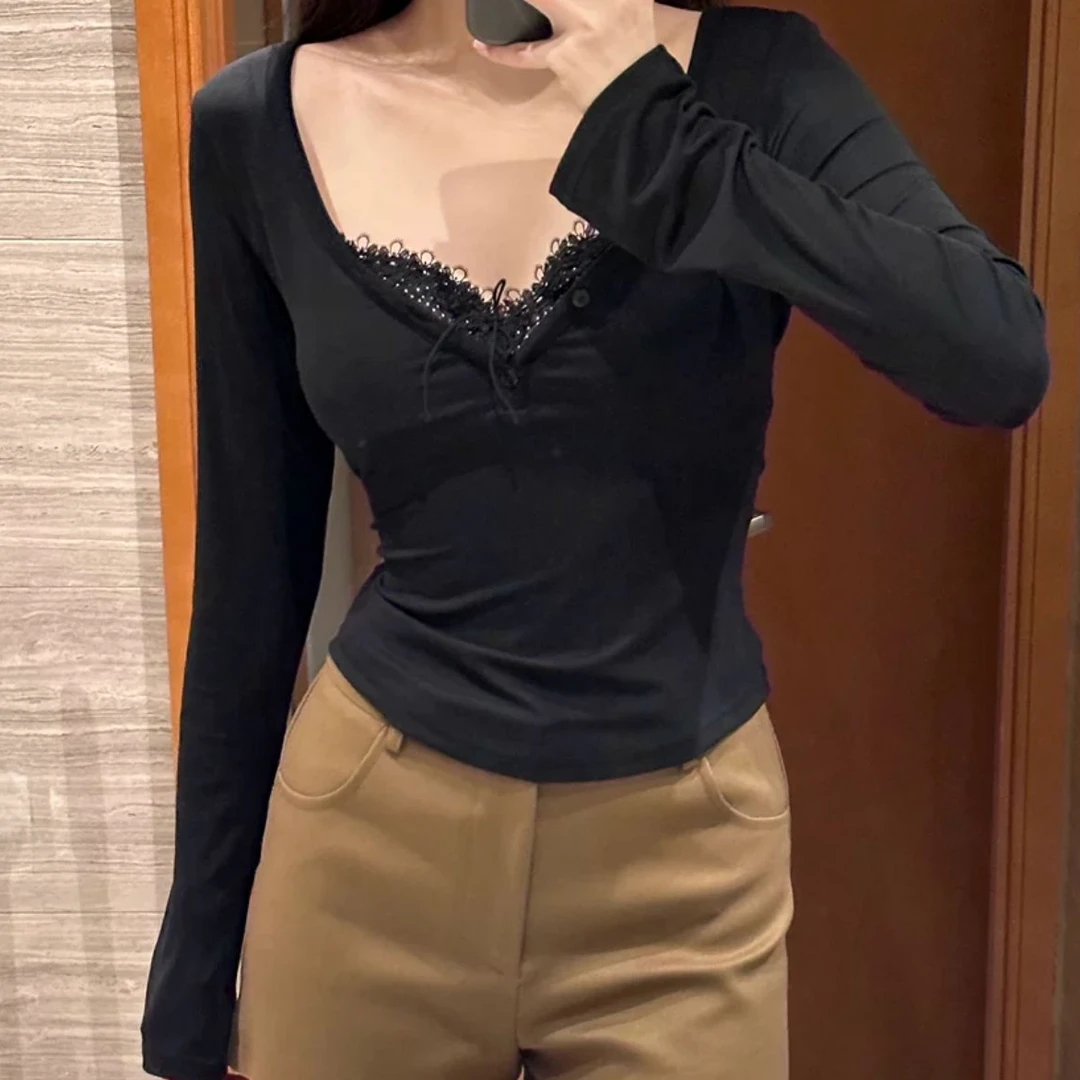 纯欲辣妹胖MM微胖性感显瘦修身大码女装加绒大V领拼接蕾丝上衣女